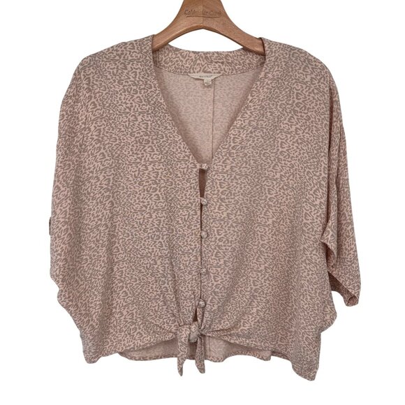 Sim & Sam Womens beige Pink Leopard Print Top V-Neck Tie-Front Size Large Rayon - Picture 1 of 12